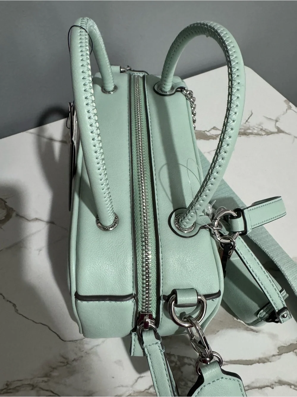 Karl Lagerfeld Mint Green Leather Barrel Crossbody with Chain